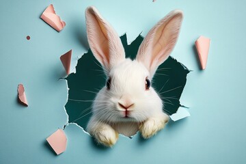 Obraz premium Curious white rabbit with large ears poking through a ripped pastel blue paper wall with scattered torn paper pieces around