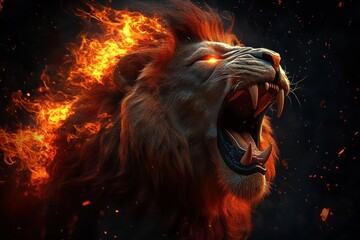 Fierce roaring lion with fiery mane and glowing eyes in dark background, exuding power and intense emotion