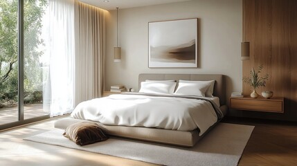 Bright modern bedroom with large glass window overlooking greenery, cozy low bed with white bedding, bedside tables, warm wooden accents, and soft natural light