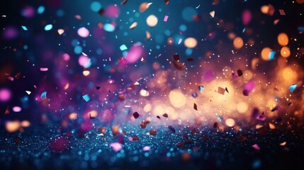 Colorful confetti falling against a dark background with bokeh lights creating a festive and celebratory atmosphere