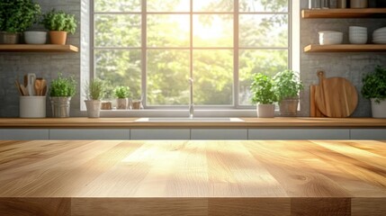 Fototapeta premium Bright and modern kitchen countertop with wooden surface, green plants in pots, and large window letting in natural sunlight for a fresh and inviting atmosphere
