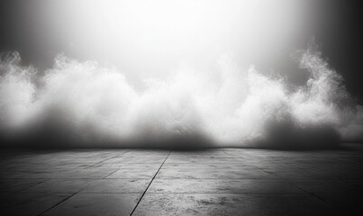 Thick white smoke or fog covering a textured floor under bright, diffused light with a dark background creating a mysterious and surreal atmosphere