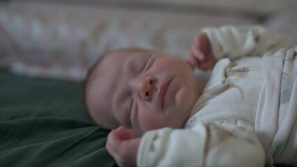 vertical screen peaceful sleeping newborn, serene infant resting quietly, cute newborn infant peacefully lying in cozy pajamas, young child dressed in comfortable pajamas resting calmly - Powered by Adobe