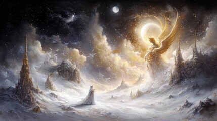 A majestic winged angel with golden wings descends from a starry, moonlit sky towards a mystical, ethereal city with towering spires. The scene is bathed in sof
