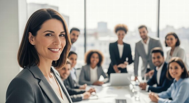 Leadership in the Boardroom: A poised female executive, radiating confidence, leads a diverse team of professionals in a modern boardroom, embodying leadership and collaboration