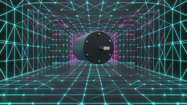 A cylindrical industrial component floating in a futuristic digital grid tunnel environment.
