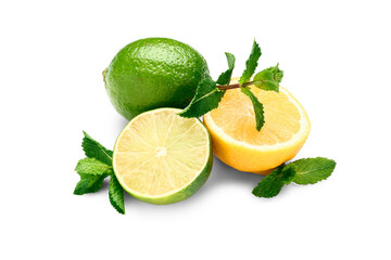 Fresh limes, lemon and mint isolated on white background