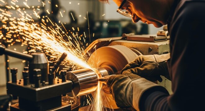 Artisan's Precision: A skilled artisan meticulously works at a lathe, creating showers of sparks. The image is a testament to the dedication, technical skill, and craftsmanship of the individual. 