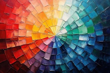Obraz premium Abstract circular pattern with vibrant textured paint strokes radiating from center in warm and cool color spectrum