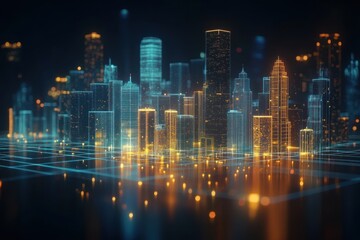 Fototapeta premium Digital futuristic cityscape visualization with glowing neon blue and orange skyscrapers and grid lines representing a smart urban environment at night