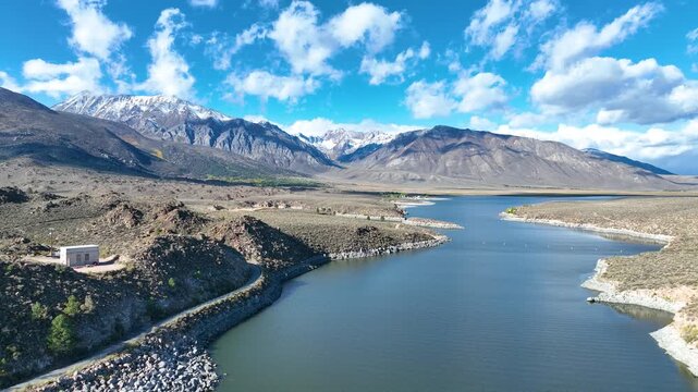 Aerial Crowley Lake Eastern Sierra Nevada Mountains California Flyover
