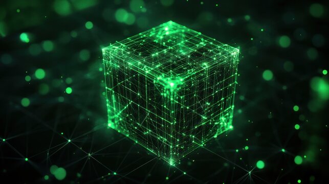 Glowing green digital cube composed of interconnected nodes and lines floating in dark space conveying futuristic technology and network connectivity - Powered by Adobe