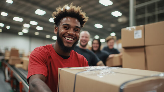 A young warehouse staff member with a wide grin, loading an industrial conveyor belt with packages, while co-workers in the background cheer on, creating a supportive and energetic atmosphere.