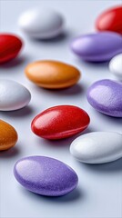 A collection of oval-shaped candies in red, purple, orange, and white colors are scattered across a smooth, light blue surface. The lighting is soft and even, h