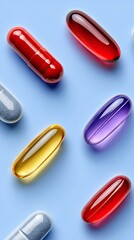 A collection of various colorful capsules and pills, including red, purple, yellow, and gray, are scattered across a plain blue background. The image is shot fr