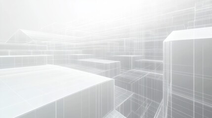Abstract wireframe architectural design of multiple layered buildings with translucent edges on a light gray background creating a modern digital blueprint effect