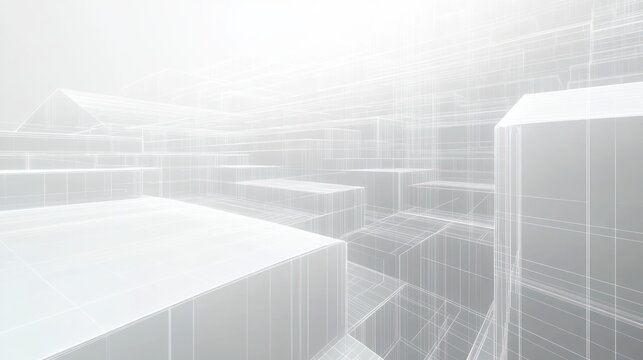 Abstract wireframe architectural design of multiple layered buildings with translucent edges on a light gray background creating a modern digital blueprint effect