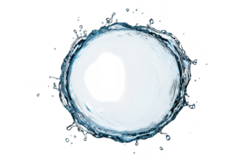 A circular splash of clear water against a white background. the dynamic motion of liquid. ideal for use in designs related to purity. freshness. and hydration themes