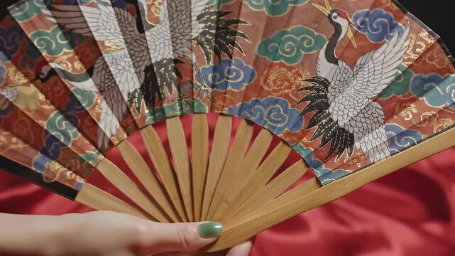 Korean Traditional Hand Fan Unfolding Red Satin Background Crane Art