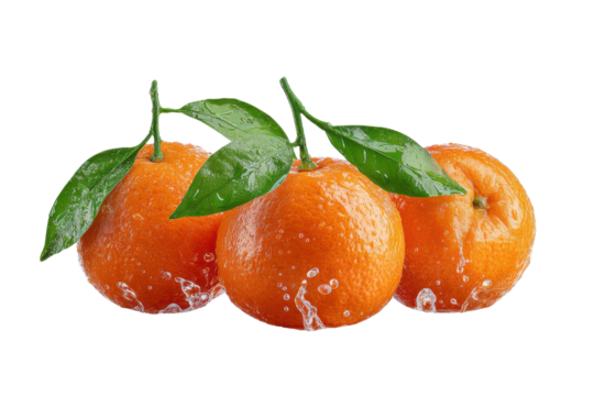 Three wet tangerines with green leaves on black background orange fruit, Isolated On Transparent Background, Png