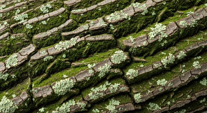 Textured Bark: A close-up view of a rugged tree bark, exhibiting the intricate details of nature's design. This textured surface, complete with verdant moss and rich earthy tones. - Powered by Adobe