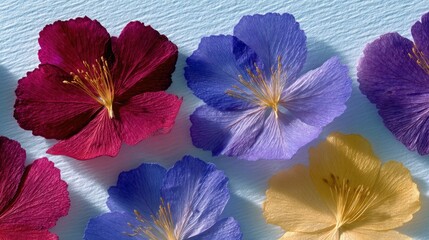A collection of vibrant, pressed flowers in shades of red, blue, purple, and yellow are artfully arranged on a textured blue background. The lighting is soft an