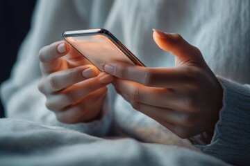 close-up of person holding and using smartphone with warm screen light in cozy indoor setting