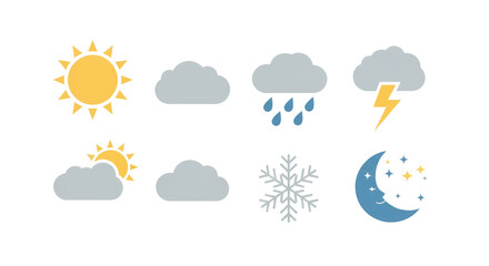 Fototapeta premium Colorful Weather Icons Depicting Sun Clouds Rain and More.