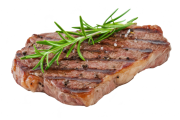 A beautifully grilled steak garnished with fresh rosemary and sprinkled with coarse salt. resting on a clean white plate. the culinary art of meat preparation for food enthusiasts