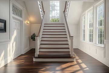 Bright and spacious entryway with wooden staircase, large windows allowing natural light, white walls, and elegant hardwood flooring creating a welcoming, serene atmosphere