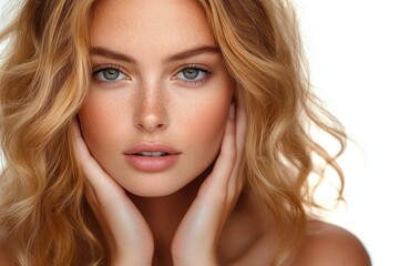 Fototapeta premium Close-up portrait of a young woman with wavy blonde hair and blue eyes gently holding her face expressing calm and confidence