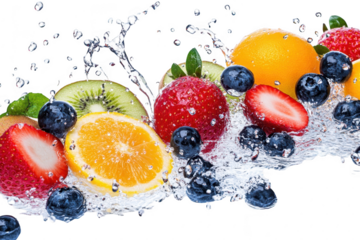 Vibrant assortment of fresh fruits including strawberries. oranges. kiwis. and blueberries splashing into clear water. creating a dynamic and refreshing scene. ideal for health and wellness themes