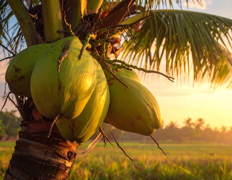 Lush coconuts hanging from a palm tree, bathed in warm sunlight