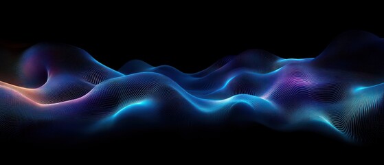 Abstract digital wave landscape with smooth flowing lines and glowing blue and purple light accents on a dark background