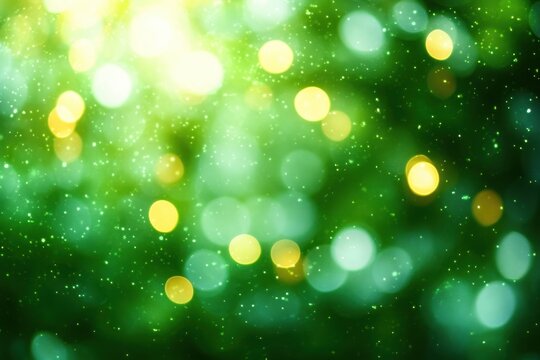 abstract glowing green and yellow bokeh lights with sparkling particles creating a dreamy and magical atmosphere