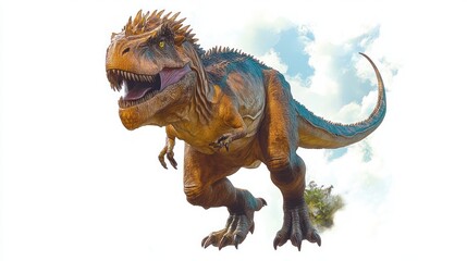 large brown and blue theropod dinosaur with sharp teeth and spiked crest roaring while running with open mouth on a cloudy white background