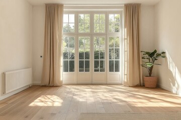 Fototapeta premium Bright empty room with large glass paneled doors, beige curtains, hardwood floor, and a potted plant basking in natural sunlight