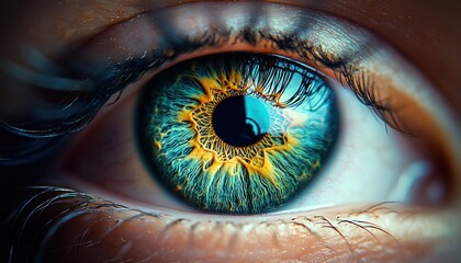 Extreme close-up of blue eye with intricate golden patterns in the iris and detailed eyelashes reflecting light
