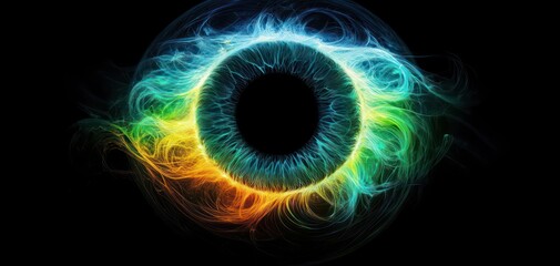 Abstract glowing eye with vibrant swirling colors in blue, green, and orange on a black background, emitting dynamic energy and light
