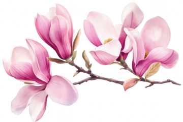 A beautiful arrangement of pink magnolia flowers in full bloom against a clean white background. their delicate petals and colors. ideal for nature-themed decor or botanical illustrations
