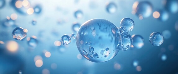 Transparent blue bubbles floating in a soft glowing environment with reflections and light effects creating a serene and futuristic atmosphere