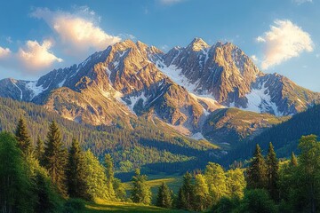 Sunlit rugged snow-capped mountain peaks towering over lush green forested valley under a clear blue sky with scattered white clouds