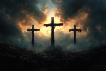Three old wooden crosses silhouetted against a dramatic fiery sunset sky with dense dark clouds creating a somber and powerful atmosphere