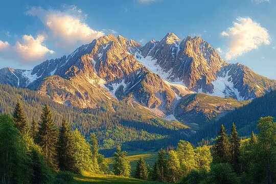 Sunlit rugged snow-capped mountain peaks towering over lush green forested valley under a clear blue sky with scattered white clouds