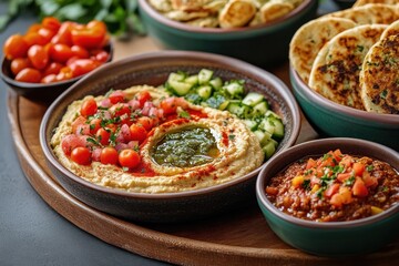Colorful Mediterranean appetizer platter featuring creamy hummus topped with fresh diced tomatoes, cucumbers, herbs, and green sauce, served with a side of grilled pita bread and tomato-based dip