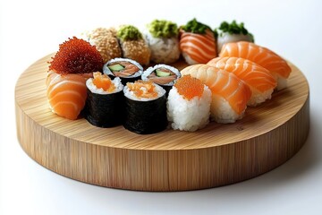 assorted fresh sushi rolls and nigiri with raw salmon, fish roe, avocado, and sesame seeds served on a round wooden platter