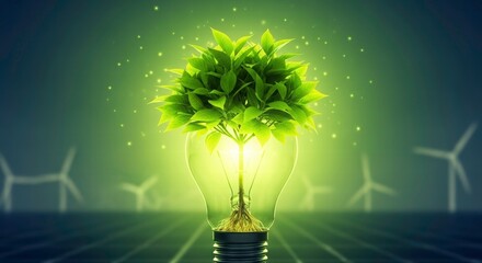 Eco-friendly Idea: A light bulb bursts with fresh green life, symbolizing innovative solutions and sustainable growth, with wind turbines softly blurred in the background.