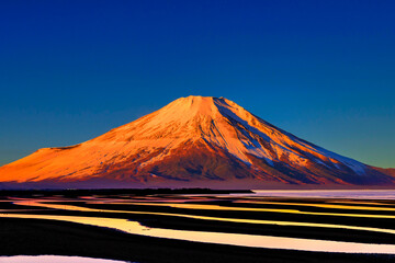 真玉海岸の美しいサンセット風景と富士山合成