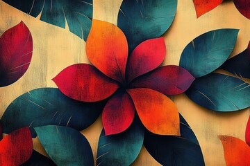 vibrant and textured abstract floral composition with large red, orange, and teal leaves arranged in a symmetrical flower pattern on a muted yellow background