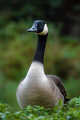 Obraz premium Close-up of a Canada goose standing among green foliage with a blurred natural background